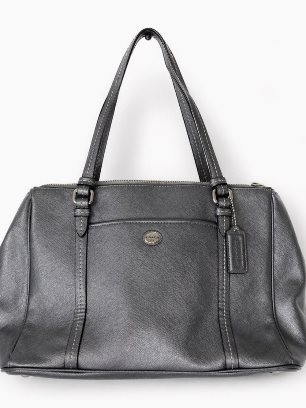 Coach Peyton Jordan Double Zip Carryall Metallic Silver Saffiano Leather Tote